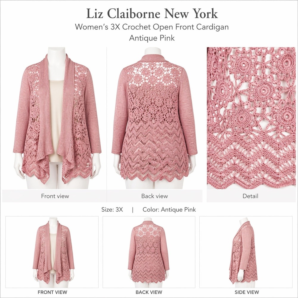 Liz Claiborne New York Womens 3X Crochet Open Front Cardigan Antique Pink A23554